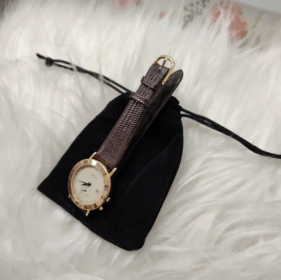 Vintage 90's Gucci 3800 Jr Wristwatch, 18k Gold Plated, Lizard Calf Band 5/8R, - Picture 4 of 16
